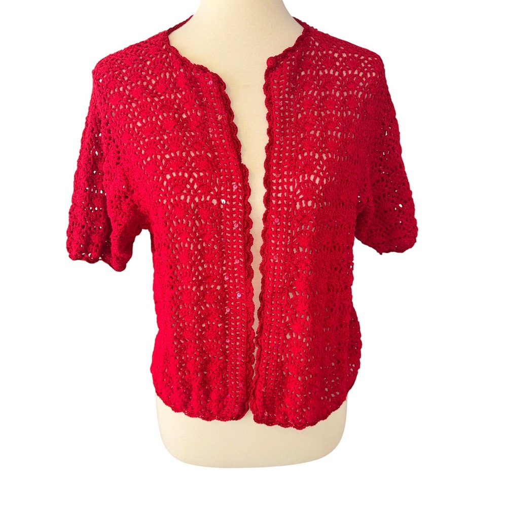 R&K Original Woman Vintage 80s Red Crochet Sequin Cropped Cardigan Plus Size 14W - Picture 3 of 10